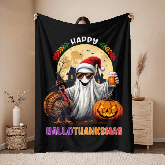 Happy Hallothanksmas Halloween Thanksgiving Xmas Throw Blankets