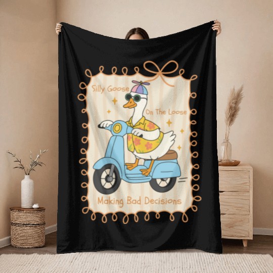 Silly Goose Riding Scooter Design Throw Blankets