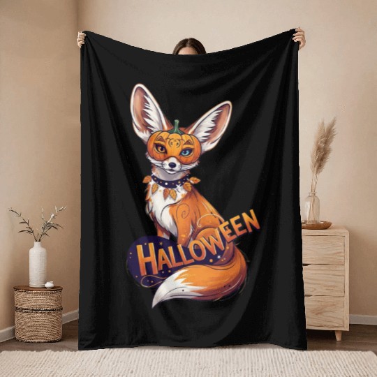 Enchanted Fox with Jack-o-Lantern Mask Throw Blankets