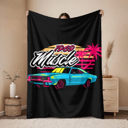 Retro 1969 Muscle Car Sunset Design Throw Blankets