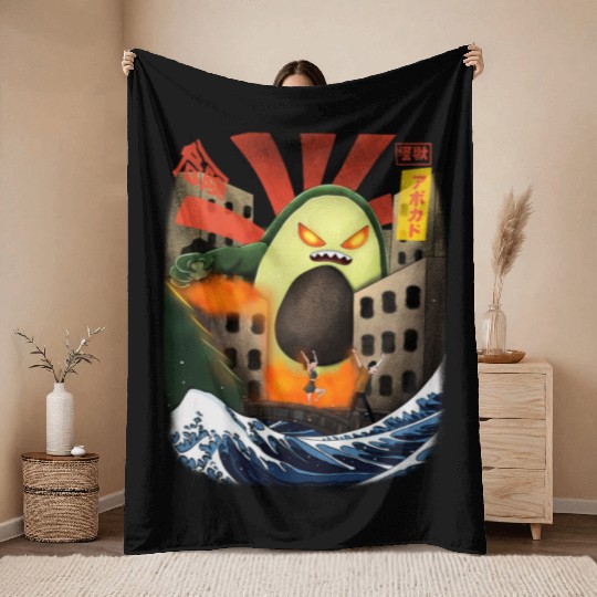 Giant Avocado Kaiju Monster Attack Urban City Throw Blankets