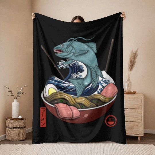 Mythic Samurai Ramen Fish Japanese Art Throw Blankets