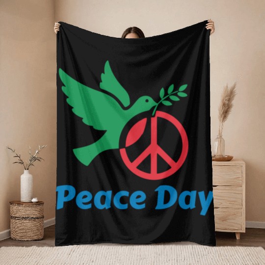 Peace Day Dove with Olive Branch Throw Blankets