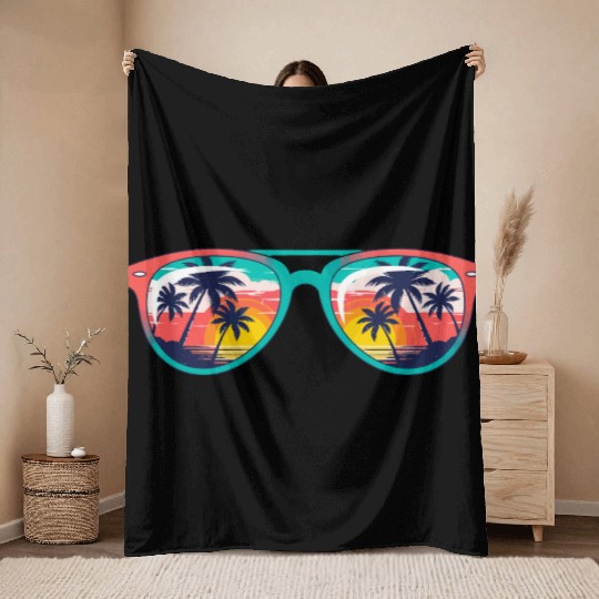 Sunset Palm Tree Tropical Sunglasses Throw Blankets