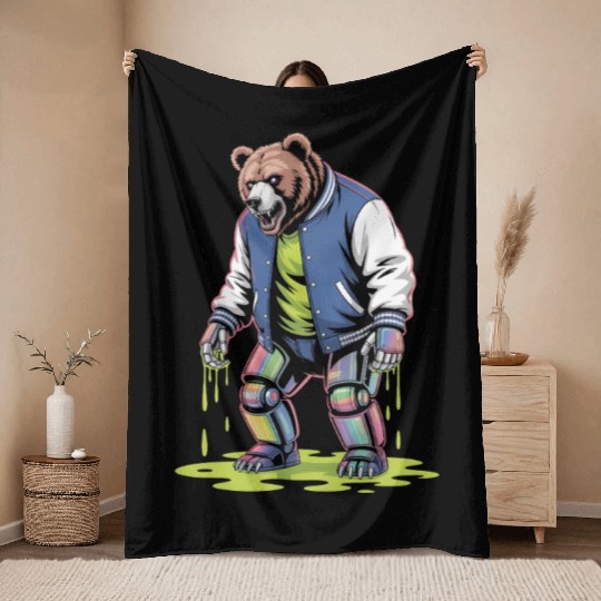 Cyber Toxic Grunge Bear Streetwear Futuristic Throw Blankets