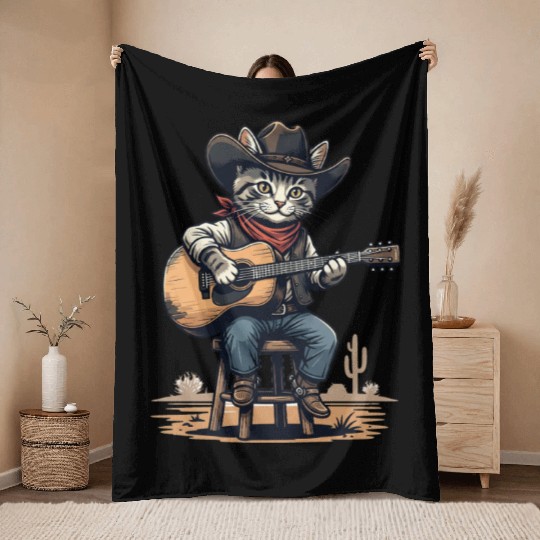 Cowboy Cat with Guitar – Western Kitty Art Throw Blankets