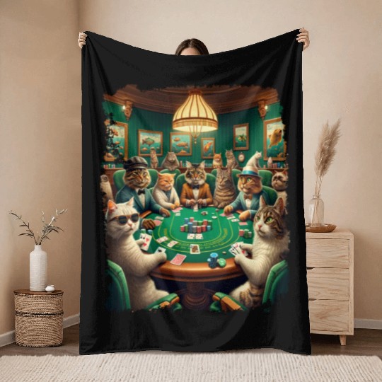 Playing Card Gambling Cat Playing Poker Cards Throw Blankets