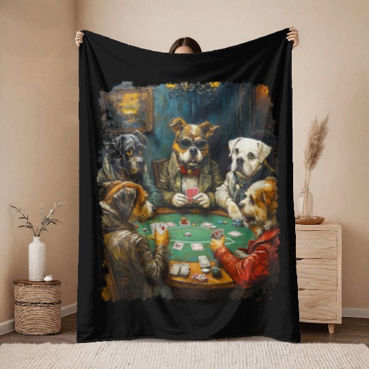 Playing Card Gambling Dog Playing Poker Cards Throw Blankets