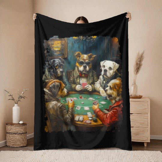 Playing Card Gambling Dog Playing Poker Cards Throw Blankets