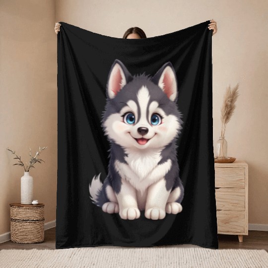 Playful Husky Cartoon Illustration Throw Blankets