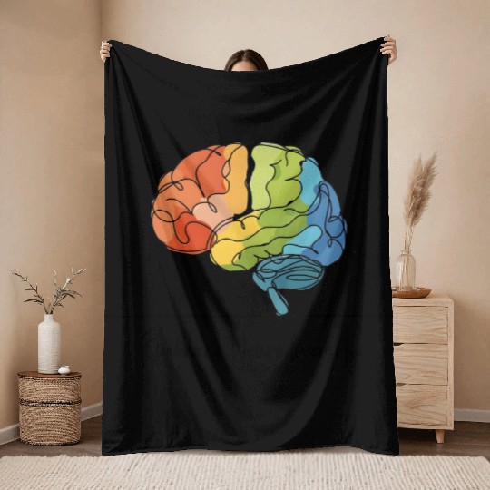 Embrace Neurodiversity - Line Art Rainbow Brain Throw Blankets