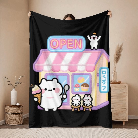 Kawaii Cat Ice Cream Shop Illustration Throw Blankets