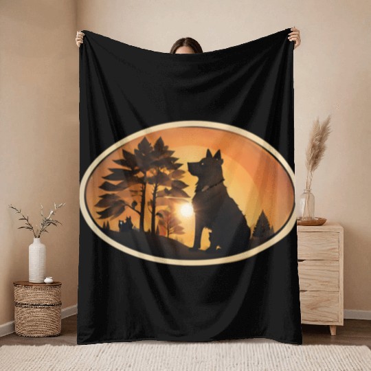 Sunset Wilderness Wolf Silhouette Throw Blankets