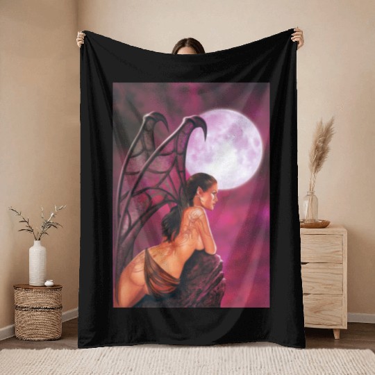 Mystic Moonlit Bat-Winged Woman Throw Blankets