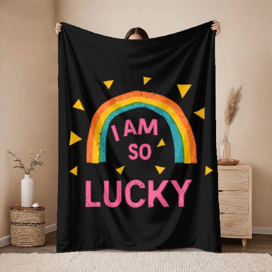 Colorful Lucky Rainbow Affirmation Design Throw Blankets