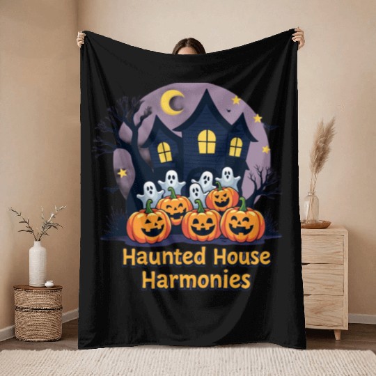 Haunted House Harmonies Halloween Design Throw Blankets