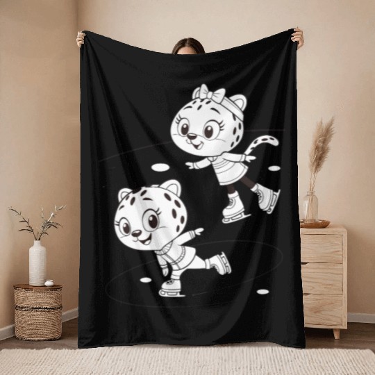 Black-and-White Leopard Cubs Ice Skating  Throw Blankets