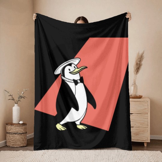 Dapper Penguin in Top Hat and Bowtie Illustration Throw Blankets