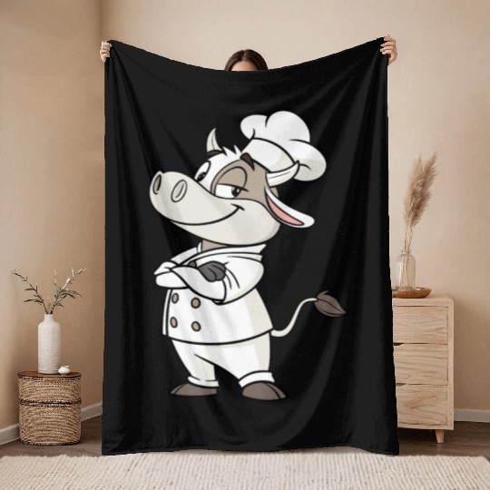 Charming Cow Chef Cartoon Illustration Throw Blankets