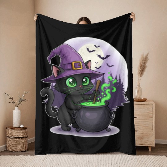 Enchanting Witch Cat Under Full Moon Throw Blankets