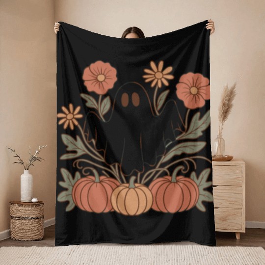 Floral Halloween Flower Pumpkin Ghost Cottagecore Throw Blankets