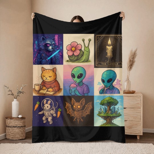 Whimsical Celestial Animal and Alien Designs Throw Blankets