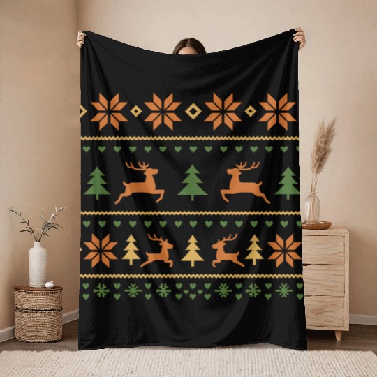 Festive Winter Reindeer and Snowflake Pattern Throw Blankets