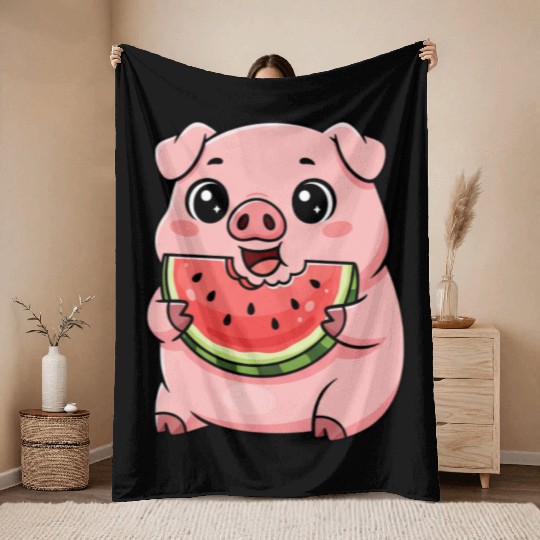 Sweet pig watermelon summer fruit vacation farm Throw Blankets