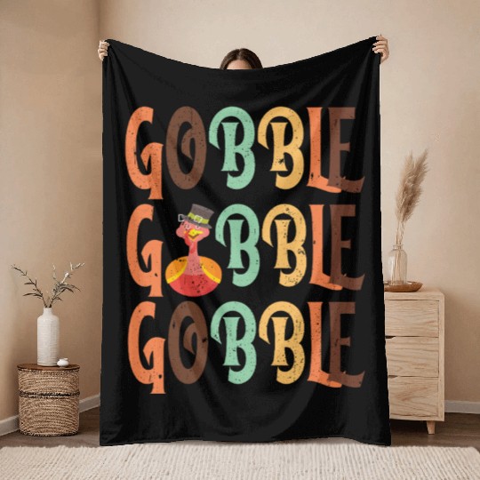 Festive Turkey and Gobble Text Pattern Throw Blankets