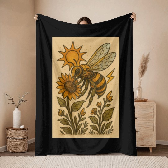 Sun and Bee Botanical Illustration Throw Blankets