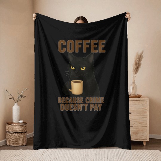 Coffee and Crime Humor Cat Design Throw Blankets