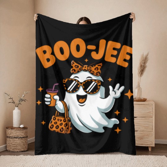 Boo-Jee Ghost Cute Leopard Print Halloween Boojee Throw Blankets