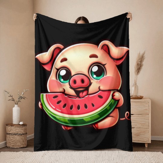 Cute pig with watermelon summer vacation farmer Throw Blankets
