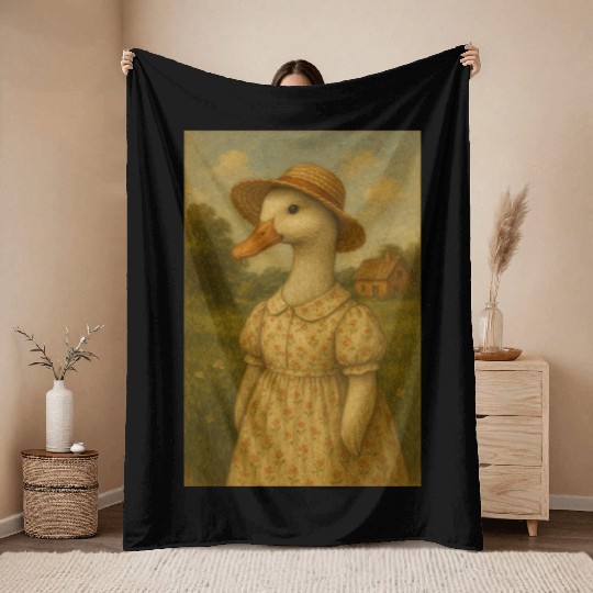 Whimsical Duck Lady in Vintage Dress Throw Blankets