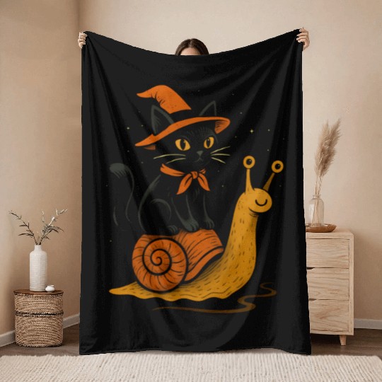 Halloween Cat with Snail and Wizard Hat Throw Blankets