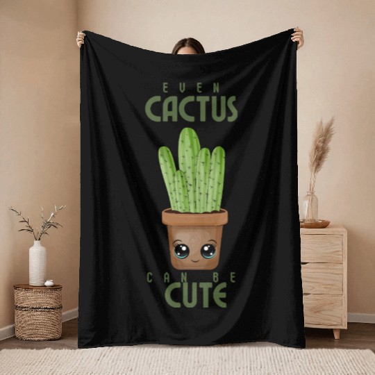 Adorable Cactus with Big Eyes Design Throw Blankets