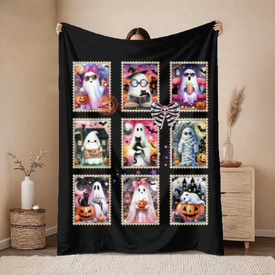 Halloween Postage Stamp Funny Halloween Ghost Throw Blankets