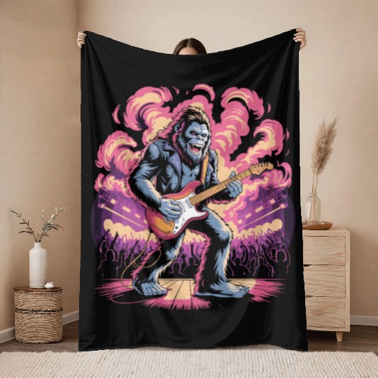 Rocking Sasquatch Guitar Legend at Concert Stage Throw Blankets