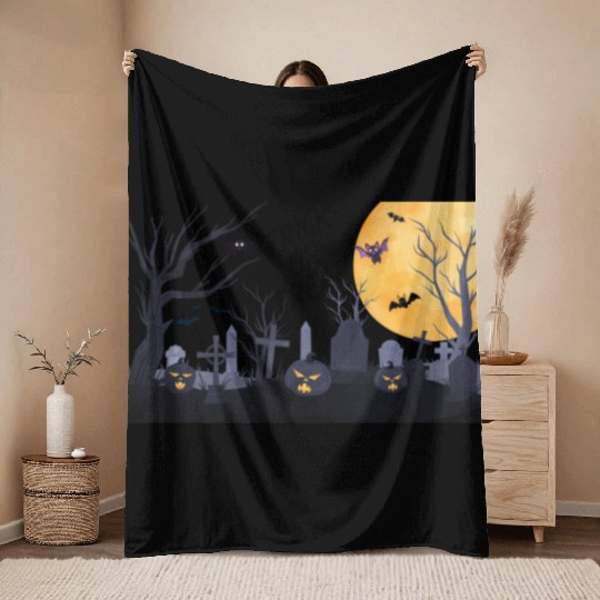 Trick-or-Treat Pumpkin Graveyard Throw Blankets