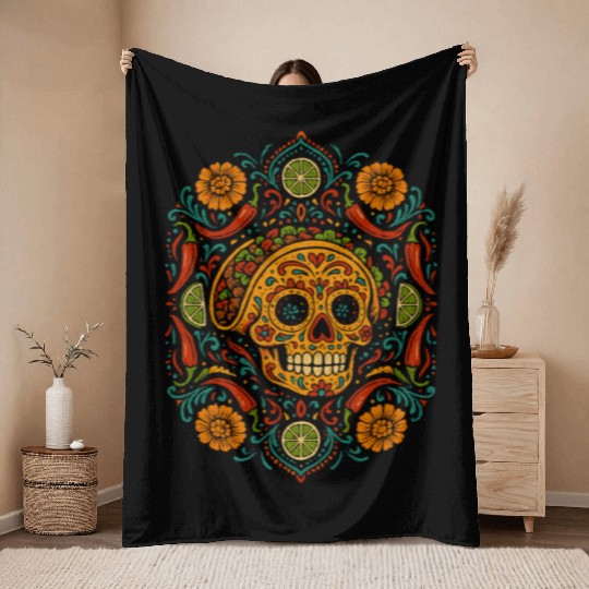 Taco Calavera Vibrant Sugar Skull Mandala Art Throw Blankets