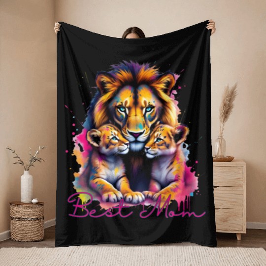 Colorful Lion Cubs and Mother Design Throw Blankets