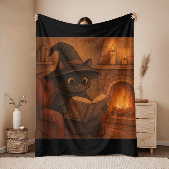 Enchanted Cat Witch by the Fireplace Throw Blankets