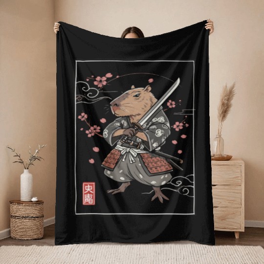 Samurai Mouse Warrior Illustration Throw Blankets