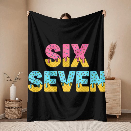 67 Six Seven Meme Funny Ice Cream Drip Waffle Cone Throw Blankets