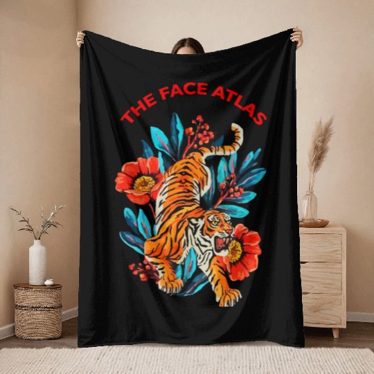 Vibrant Tiger and Floral Tattoo Style Throw Blankets