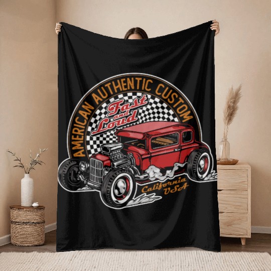 Vintage Hot Rod Car Illustration Throw Blankets