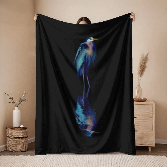 Great Blue Heron Stands Reflected Throw Blankets