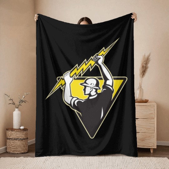 electrician power lineman holding lighting bolt Throw Blankets