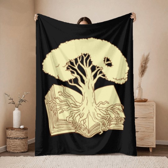 Oak Tree Rooted on Book Drawing Throw Blankets