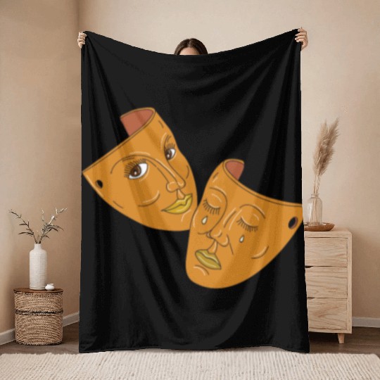 Theater Mask Comedy and Tragedy Mono Line Throw Blankets